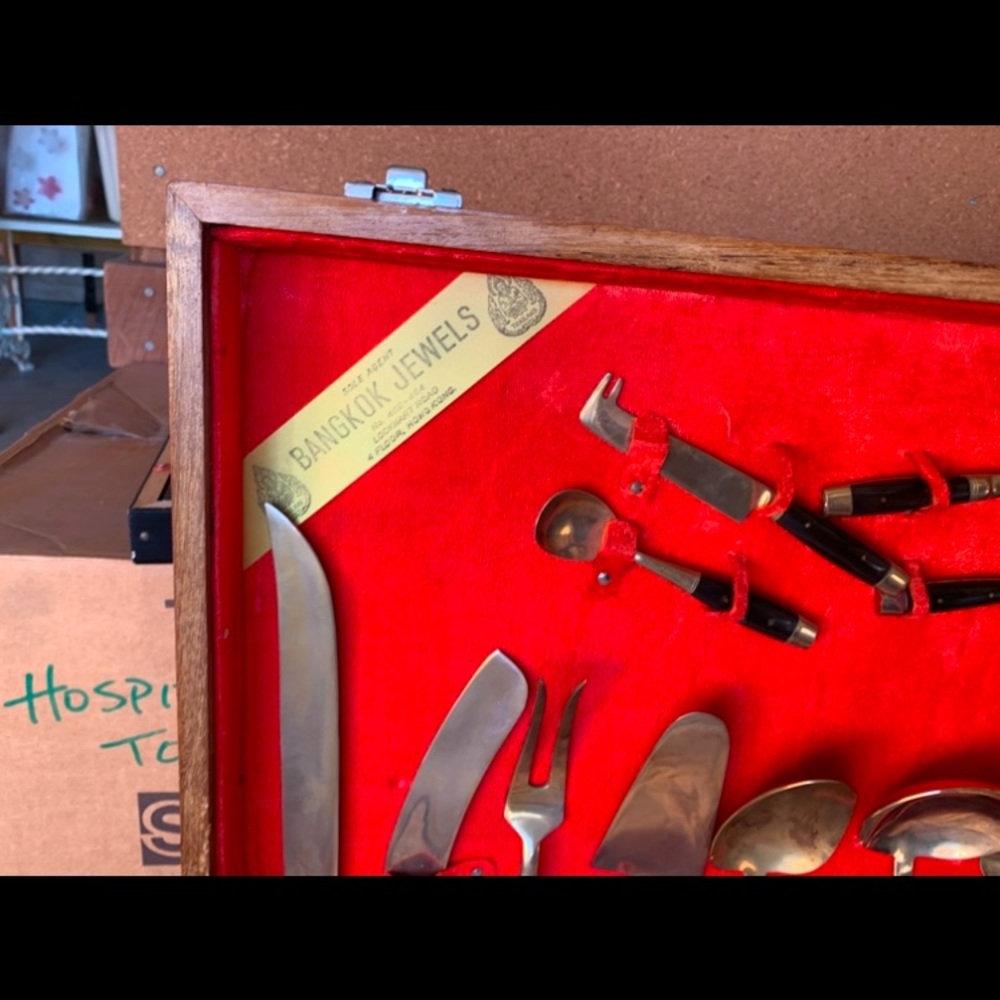1960’s gold flatware complete unused set in wood box Thailand